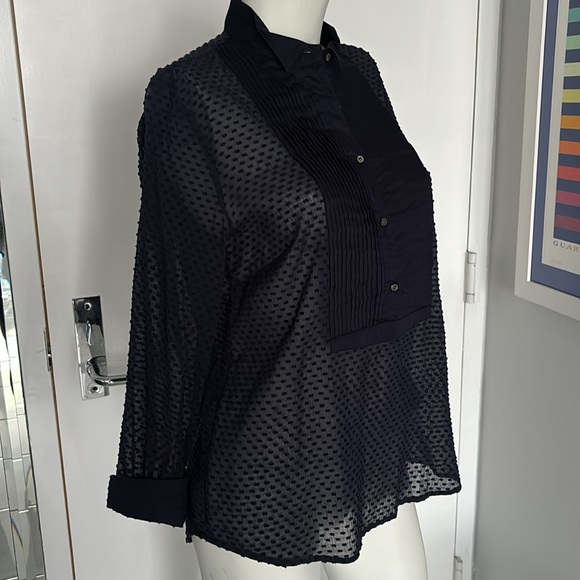 J. Crew Navy Pleated Swiss Dot Tuxedo Sheer Blouse - Picture 4 of 9